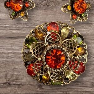 Vintage Rhinestone Filigree Brooch & Clip Earring Set